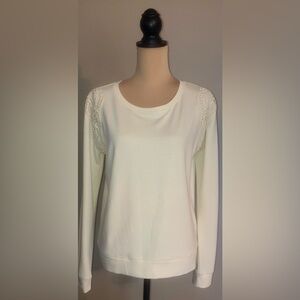 Women's Decree Ivory Long Sleeve Crochet Accent Sweatshirt Top, Large L